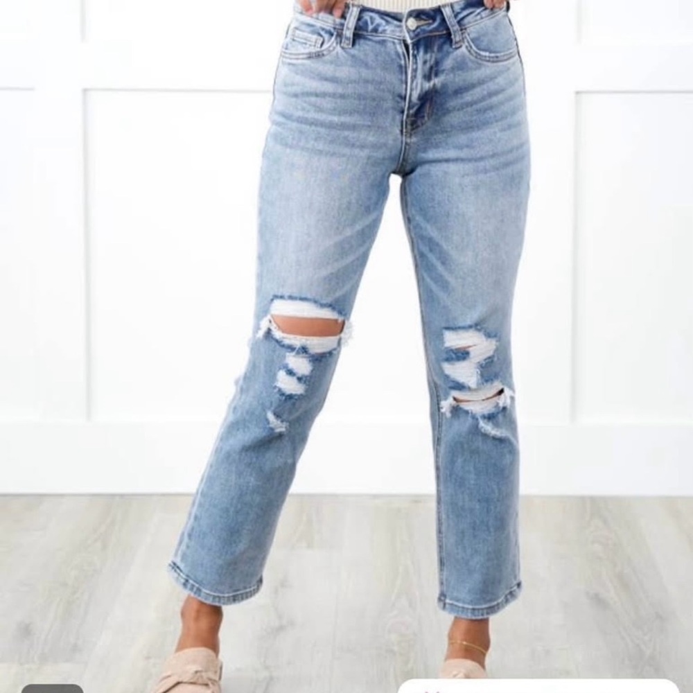 Blue Straight Leg Distressed Jeans